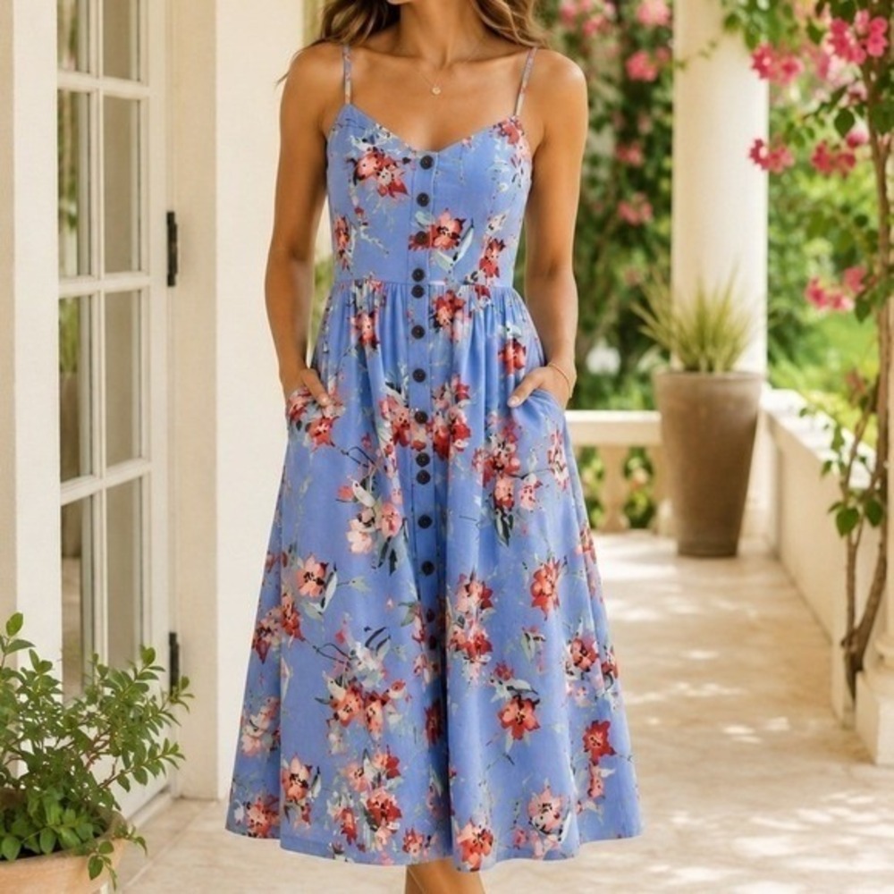 Vince Camuto Floral Midi‎ Dress Blue Cotton Pockets Size 8 NWT